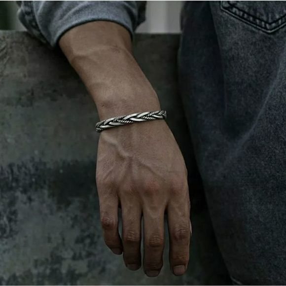 925 Silver Vintage Bangle Twisted Cuff Bracelet - Picture 2 of 7